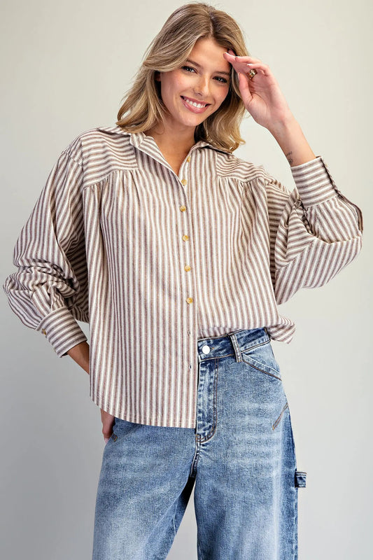 Brown and ivory striped button-down blouse with dolman sleeves and spread collar