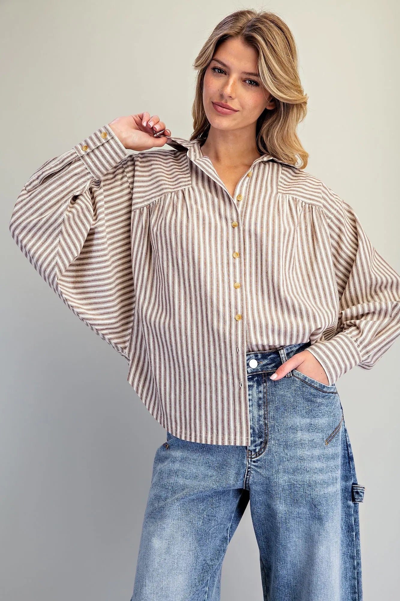 Brown and white striped dolman sleeve button-front blouse with collar