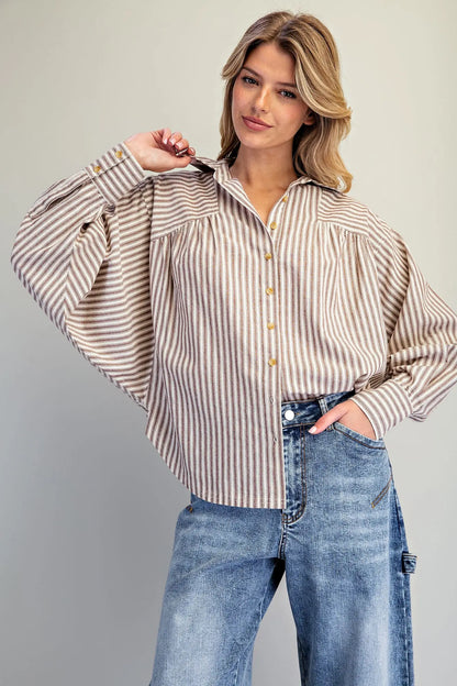 Brown and white striped dolman sleeve button-front blouse with collar