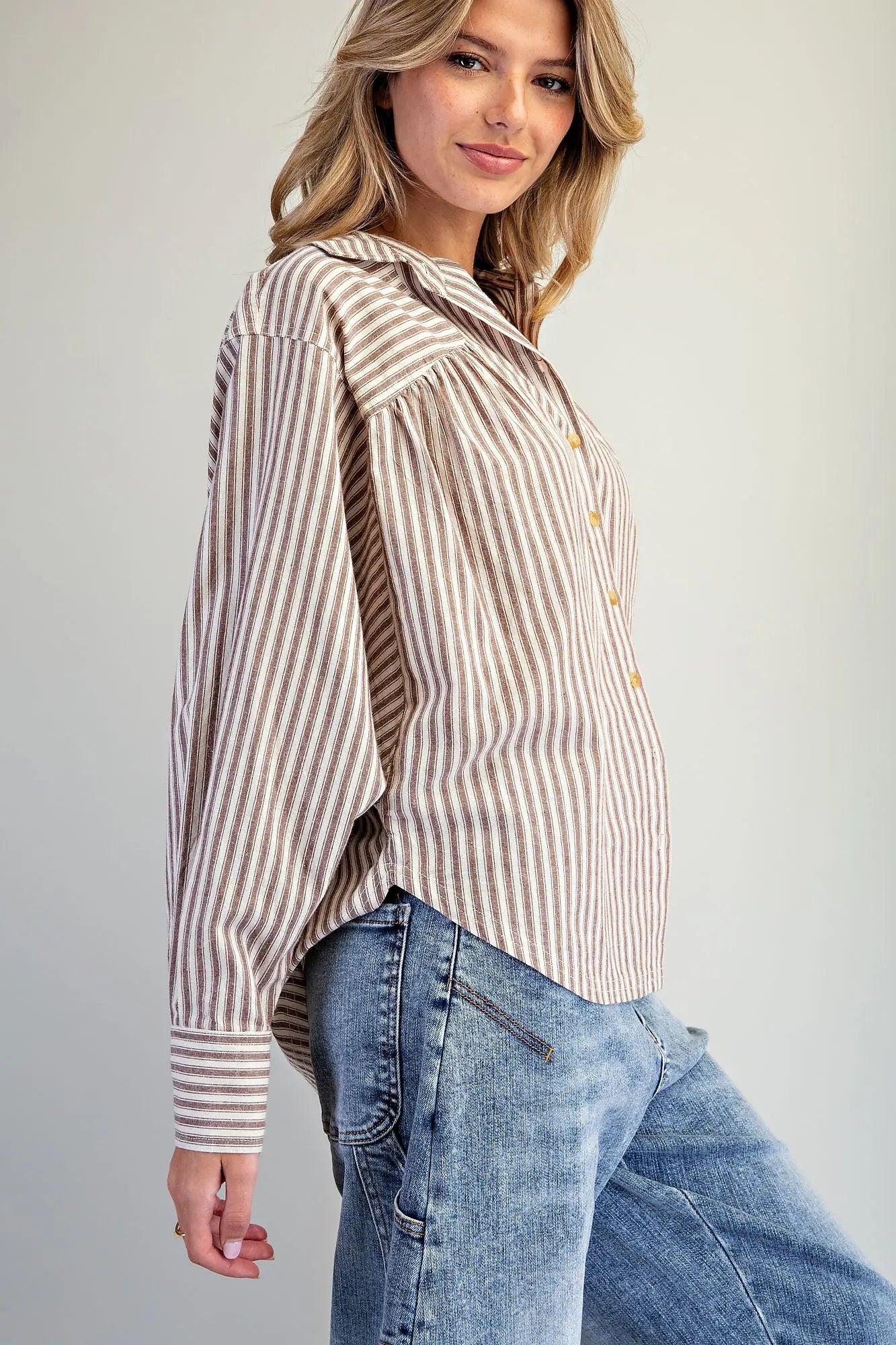 Brown and white striped long dolman sleeve button-front blouse with cuffed wrists