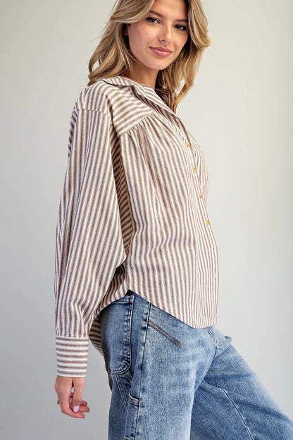 Brown and white striped long dolman sleeve button-front blouse with cuffed wrists