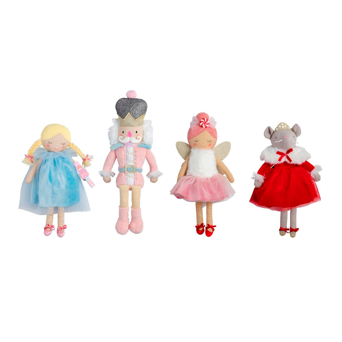Four Nutcracker plush dolls: Clara, Nutcracker, Sugar Plum Fairy, and Mouse King