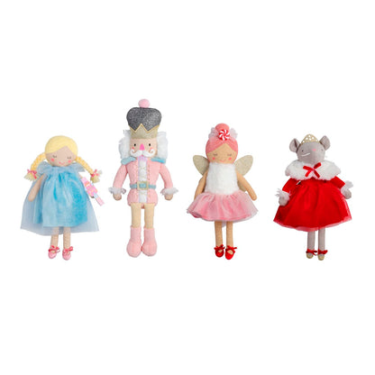 Four Nutcracker plush dolls: Clara, Nutcracker, Sugar Plum Fairy, and Mouse King