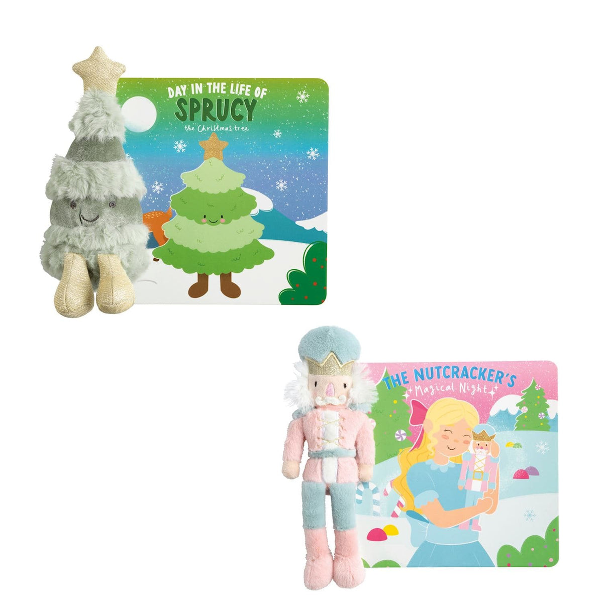Mudpie Christmas tree and nutcracker plush toys with matching holiday board books