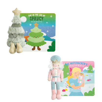 Mudpie Christmas tree and nutcracker plush toys with matching holiday board books