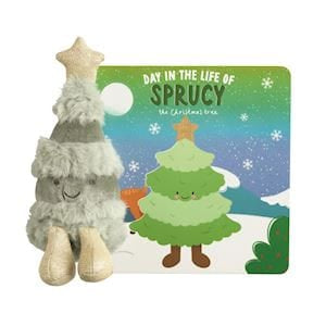 Mudpie gray plush Christmas tree toy with Sprucy the Christmas Tree board book