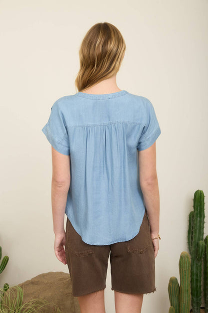 Chambray Henley Ruched Top