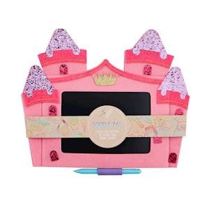 Pink felt castle-shaped doodle pad with glitter towers and blue stylus pen
