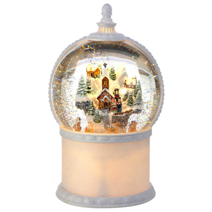Illuminated water globe with winter village and Santa scene on frosted white cylindrical base