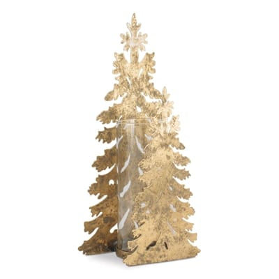 Gold metal Christmas tree candle holder with glass cylinder insert, 16.25 inches tall