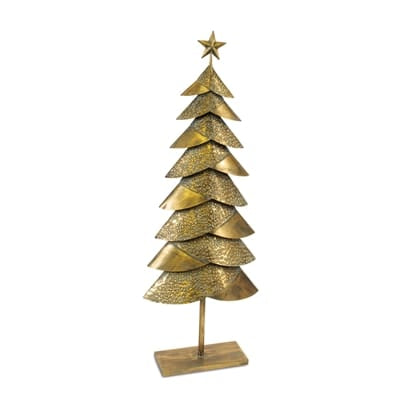 Gold hammered iron Christmas tree sculpture with star topper on rectangular base