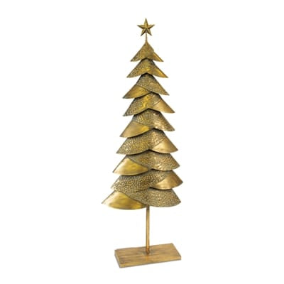 Gold hammered iron Christmas tree sculpture with star topper on wooden base