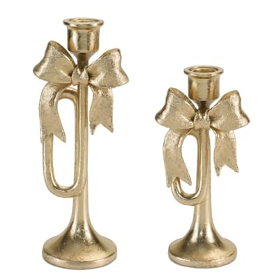 Gold resin trumpet-shaped taper candle holders with bow detail, set of two sizes