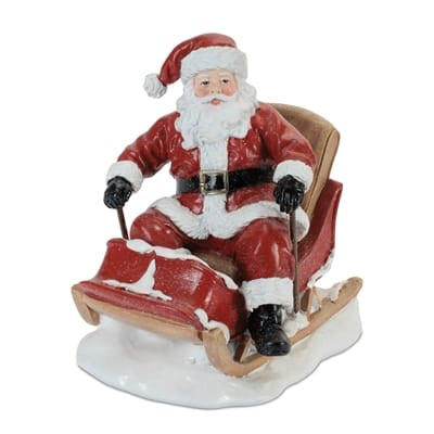 Red and white Santa Claus figurine seated in wooden sleigh resin statue 6 inch