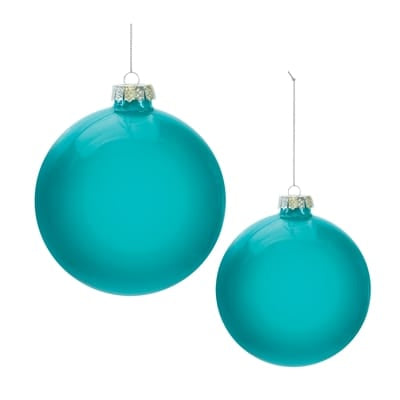 Two shiny teal glass ball Christmas ornaments in 4-inch and 5-inch sizes