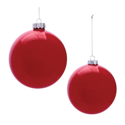 Two shiny red glass ball Christmas ornaments in 4-inch and 5-inch sizes with silver caps
