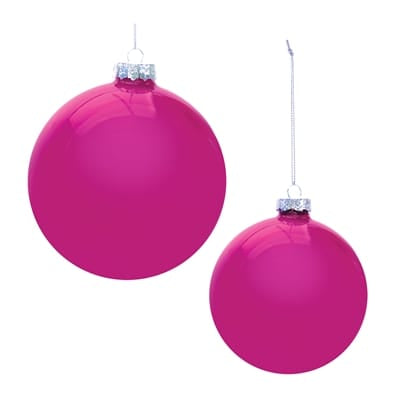 Glossy hot pink glass ball ornaments in two sizes with silver caps and hanging cord