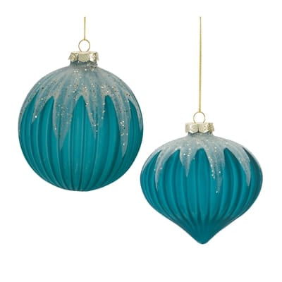 Two teal ribbed glass Christmas ornaments with silver glitter drip detail, round and onion shapes