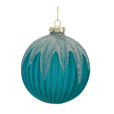 Teal blue ribbed glass Christmas ornament with silver glitter drip accents, 4 inch
