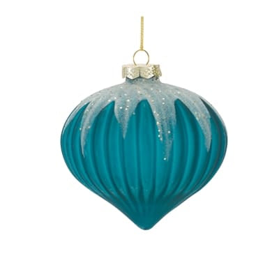 Teal ribbed glass onion-shaped Christmas ornament with silver glitter accents, 4 inches