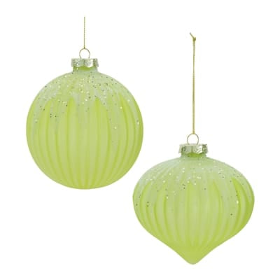 Two lime green ribbed glass Christmas ornaments with glitter accents, round and onion shapes