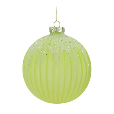 Lime green ribbed glass Christmas ornament with gold glitter accents, 4 inch