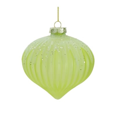 Green ribbed glass onion-shaped Christmas ornament with silver glitter accents and gold hanger