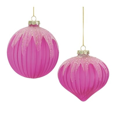 Two pink ribbed glass Christmas ornaments with glitter tops, round and teardrop shapes