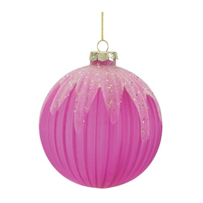 Matte pink ribbed glass Christmas ornament with gold glitter drip detail, 4 inch