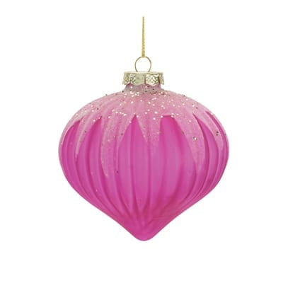 Pink ribbed glass onion-shaped ornament with silver glitter drip details and gold cap