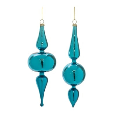 Two teal glass drop ornaments with gold wire hangers, finial shape, 8 inches tall