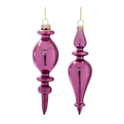 Two shiny pink glass finial drop Christmas ornaments in different silhouette styles