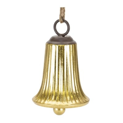 Gold ribbed iron bell ornament with jute rope hanger and clapper, 6.5 inches tall