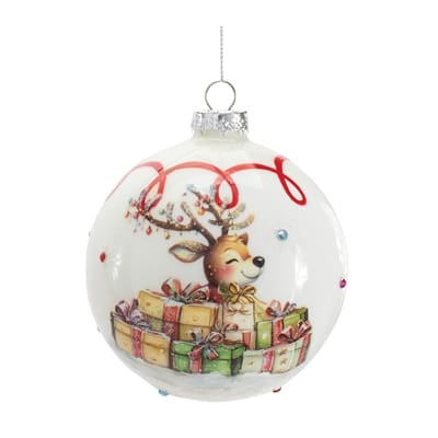 White glass ball ornament featuring a reindeer surrounded by colorful gift boxes, 4 inch