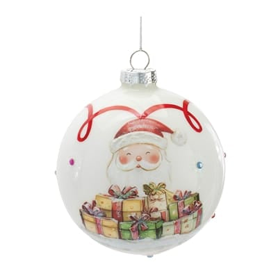 White glass ball ornament featuring Santa Claus with colorful gifts, 4 inch
