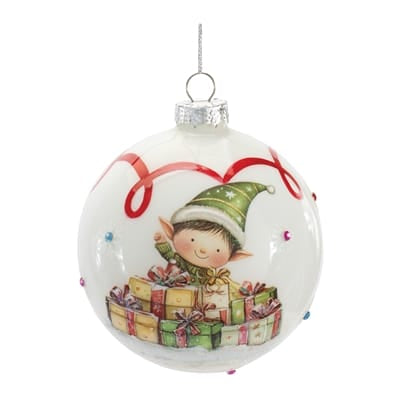 White glass ball ornament with elf and colorful gifts, 4-inch holiday decoration