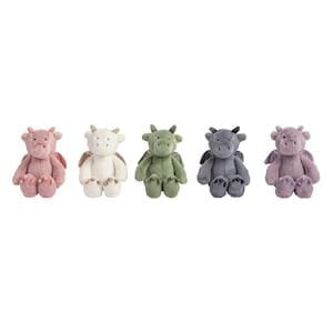 Five mini dragon plush toys in pink, ivory, sage green, gray, and purple