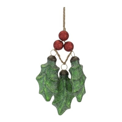 Glittery green glass holly leaf ornament with red berry clusters on jute hanger