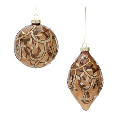 Two brown glass Christmas ornaments with gold glitter swirl pattern, ball and teardrop styles