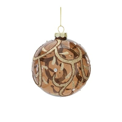 Brown glass Christmas ball ornament with gold glitter swirl pattern, 4 inch