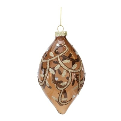 Amber glass finial ornament with gold glitter swirl design and jewel accents