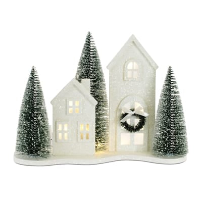 Glittery white LED village houses with wreath and frosted bottle brush trees