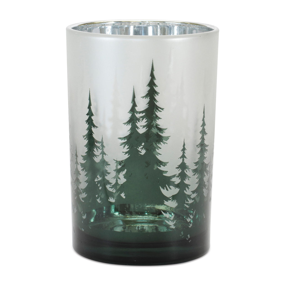 Green frosted glass candle holder with white pine tree forest silhouette design