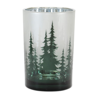 Green frosted glass candle holder with white pine tree forest silhouette design