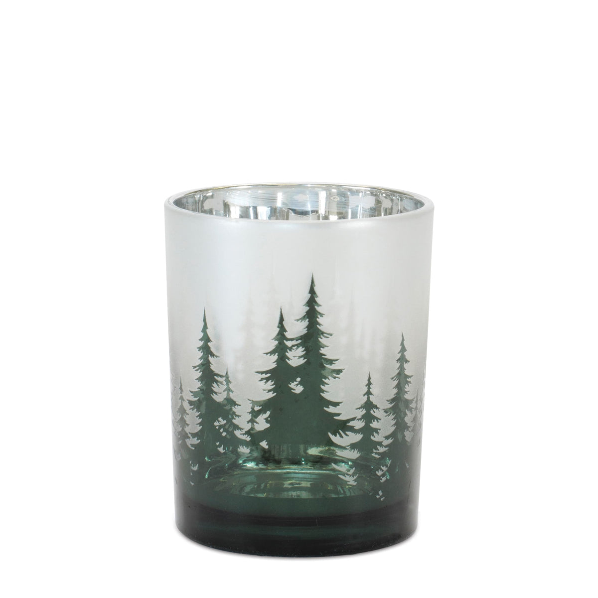 Frosted green glass candle holder with pine tree forest silhouette design