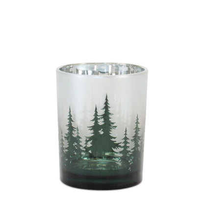 Frosted green glass candle holder with pine tree forest silhouette design
