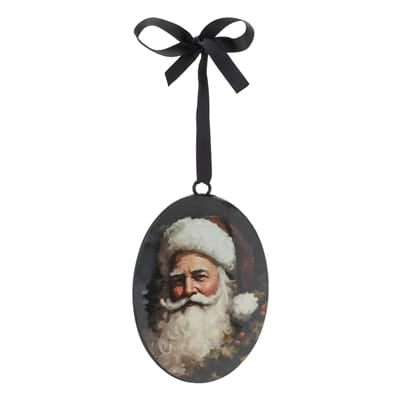 Black oval iron Christmas ornament with vintage Santa portrait and black ribbon bow