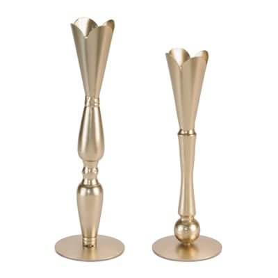 Set of two gold iron taper candle holders in 9 and 10 inch heights with tulip tops