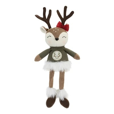 Brown plush deer figurine in green knit sweater with red bow and white fur trim 15 inches tall