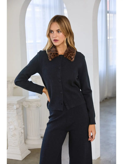 Black knit cardigan with leopard faux fur detachable collar and button front